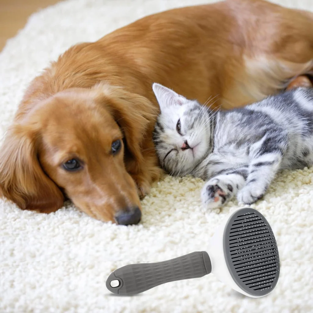 Dog hair comb helps remove dog hair from the carpet after brushing your dog